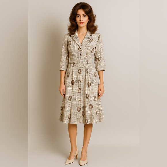 Vintage Orite Petite 70s 90s Geometric Paisley Print Midi Dress Size Large - Picture 1 of 16